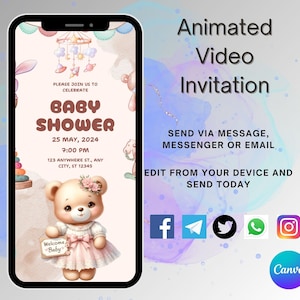 E-vite Baby Shower Video Invitation- Animated Template, Instant Download Customize Phone Invitation, Canva Text Messages Experience.