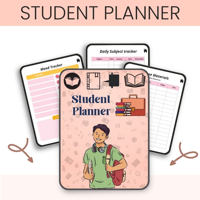 May include: A pink and white student planner with a cartoon illustration of a student holding books. The planner includes sections for daily subject tracking, mood tracking, and resource materials.