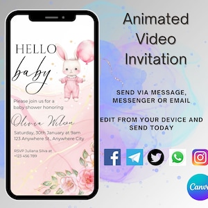 Editable Baby Girl Shower Video Invitation- Animated Template, Instant Download Customize Phone Invitation, Canva Text Messages Experience.