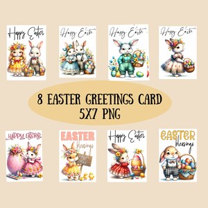 May include: Eight digital printable Easter greeting cards featuring bunnies, chicks, and eggs. The cards are 5x7 inches and have a variety of designs, including "Happy Easter" and "Easter Blessings".
