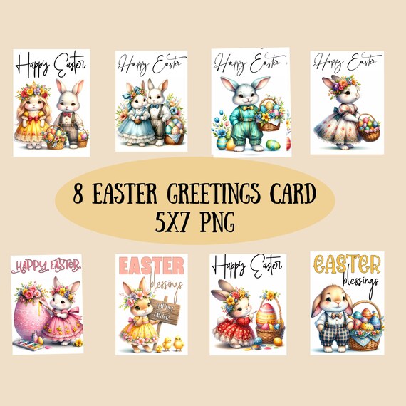Bunny Easter Greetings Card – DIY Bundle, High Quality Prints (PNG)
