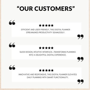May include: Three customer reviews with five-star ratings for a digital planner. The reviews highlight the planner's efficiency, user-friendliness, sleek design, intuitive interface, and innovative features.