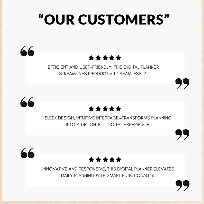 May include: Three customer reviews with five-star ratings for a digital planner. The reviews highlight the planner's efficiency, user-friendliness, sleek design, intuitive interface, and innovative features.