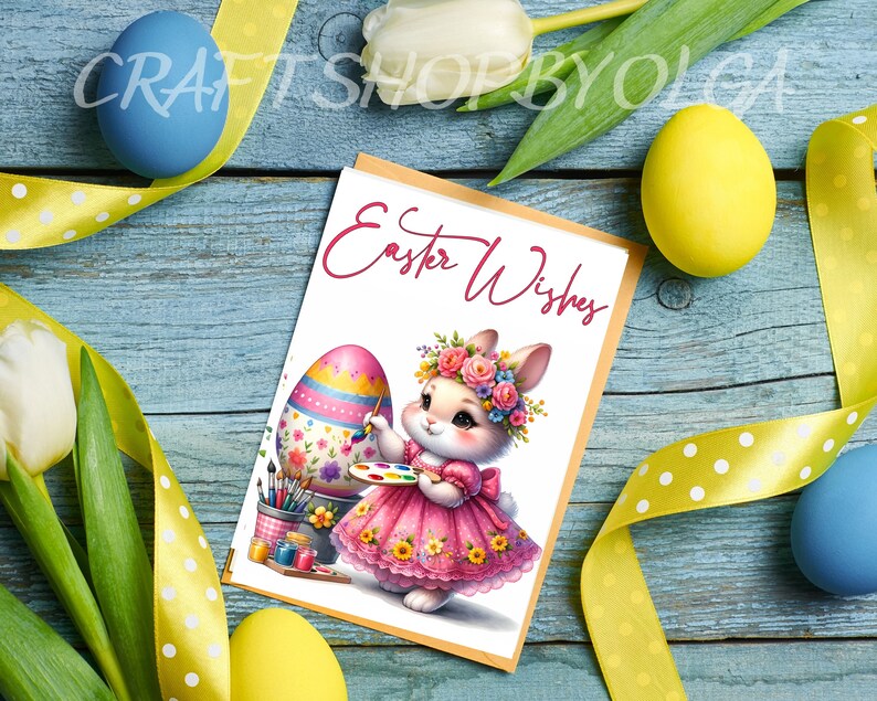 May include: A greeting card with a bunny rabbit wearing a pink dress and a flower crown, painting an Easter egg. The card has the text "Easter Wishes" in pink.
