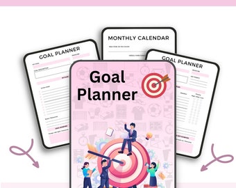 Peut inclure: Un planificateur d'objectifs avec un fond rose et une illustration colorée de personnes debout sur une cible avec des flèches. Le texte "Goal Planner" est écrit en grandes lettres en haut de l'image. Le planificateur comprend des sections pour un calendrier mensuel, des objectifs hebdomadaires, des points clés et des tâches quotidiennes.