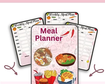 May include: A pink and white meal planner with a colorful illustration of various foods, including a bowl of noodles, a burger, fries, and a bowl of rice. The planner has three pages, each with a weekly meal plan layout.