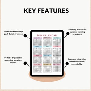 May include: A digital 2024 calendar on a tablet screen. The calendar is divided into 12 months, with each month displayed in a separate box. The months are color-coded, with January in pink, February in light blue, March in light green, April in light pink, May in light blue, June in light green, July in light pink, August in light blue, September in light green, October in light pink, November in light blue, and December in light green. The calendar also includes a title bar at the top that says "2024 CALENDAR".