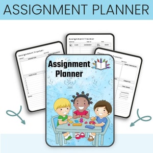 May include: An assignment planner with a blue watercolor background and a cartoon illustration of three children playing with play dough at a table. The text "Assignment Planner" is written in black letters on a white background.