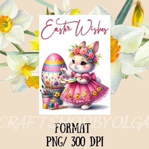 May include: A cute bunny rabbit wearing a pink dress and a flower crown is painting an Easter egg. The bunny is holding a paintbrush and a palette of paints. The background is white with the text "Easter Wishes".