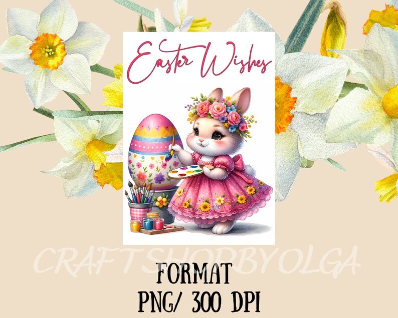 May include: A cute bunny rabbit wearing a pink dress and a flower crown is painting an Easter egg. The bunny is holding a paintbrush and a palette of paints. The background is white with the text "Easter Wishes".