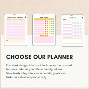 May include: Three digital planner screens with a pink background. The first screen is an examination schedule with columns for subject, date and time, and topic covered. The second screen is a mood tracker with a color-coded scale of emotions. The third screen is a habit tracker with a grid of days of the week and checkboxes for habits.