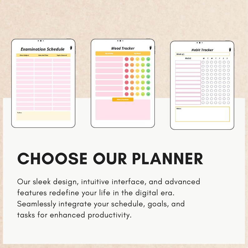 May include: Three digital planner screens with a pink background. The first screen is an examination schedule with columns for subject, date and time, and topic covered. The second screen is a mood tracker with a color-coded scale of emotions. The third screen is a habit tracker with a grid of days of the week and checkboxes for habits.