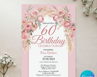 Editable Peony 60th Birthday Invitation: Printable Dinner Invite (Digital Download)