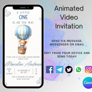 Editable Baby Boy Shower Video Invitation- Animated Template, Instant Download Customize Phone Invitation, Canva Text Messages Experience