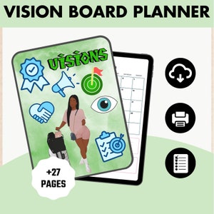 May include: A green and white digital planner with the text "VISIONS" in bold, black letters. The planner has a variety of colorful stickers, including a checkmark, a megaphone, a target, an eye, a handshake, and a checklist. The planner also has a calendar and a section for notes. The planner has a green background with a watercolor effect. The planner has a white border and the text "+27 PAGES" in a white circle.