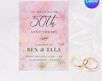 Personalized Pink Floral 50th Anniversary Invitation (Printable Editable Template)