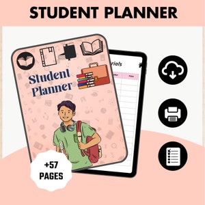 May include: A pink and white digital planner with the text "Student Planner" and a cartoon illustration of a student with a backpack. The planner has a table with the headings "Materials", "Author", and "Price". The planner has +57 pages.