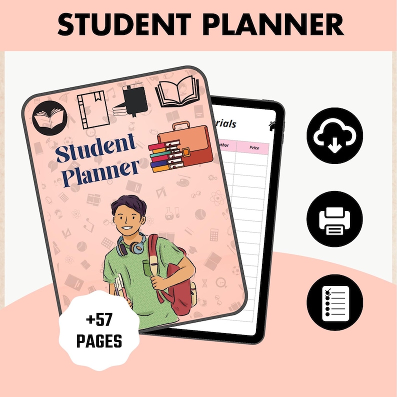 May include: A pink and white digital planner with the text "Student Planner" and a cartoon illustration of a student with a backpack. The planner has a table with the headings "Materials", "Author", and "Price". The planner has +57 pages.