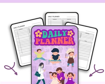 May include: A purple daily planner cover with a colorful illustration of children playing. The text "DAILY PLANNER" is written in a retro font with flowers.