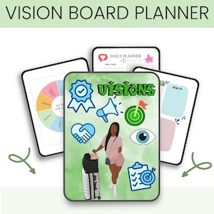 May include: A vision board planner with a green background and various icons, including a heart, a megaphone, a target, an eye, a checkmark, and a suitcase. The text "ViSiONS" is written in green letters on the board.