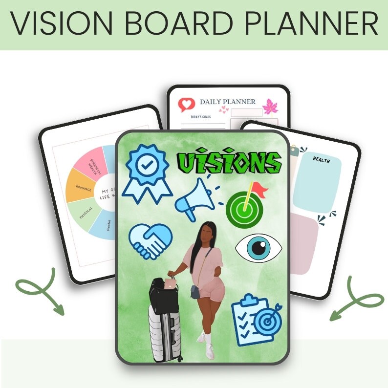 May include: A vision board planner with a green background and various icons, including a heart, a megaphone, a target, an eye, a checkmark, and a suitcase. The text "ViSiONS" is written in green letters on the board.
