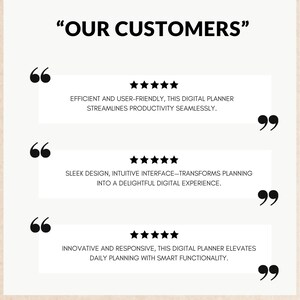 May include: Three customer reviews with five-star ratings for a digital planner. The reviews highlight the planner's efficiency, user-friendliness, sleek design, intuitive interface, and innovative features.