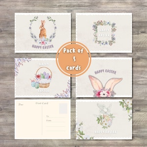 Pacote de Cartões de Páscoa - Conjunto de 5 Cartões Digitais de Feliz Páscoa em Aquarela Sortidos - Coelho, Ovos, Saudações de Primavera - 10x15 - Download Instantâneo