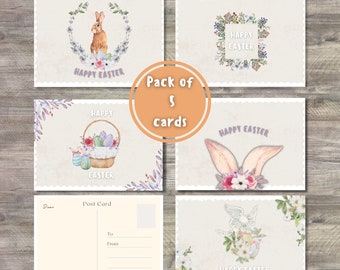 Easter Cards Pack - Set of 5 Assorted Watercolor Happy Easter Digital Cards - Bunny, Eggs, Spring Greetings - 10x15 - Instant Download