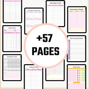May include: A collection of printable planner pages with a variety of themes, including grade tracker, study habits tracker, grade point average tracker, daily subject tracker, assigned reading, examination schedule, room cleaning schedule, and mood tracker. The pages are designed in a pink and yellow color scheme with black text. The text +57 PAGES is displayed in a large font.
