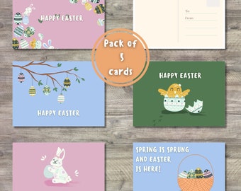 Easter Postcard Set of 5: Bunny & Eggs Designs (Digital Download)