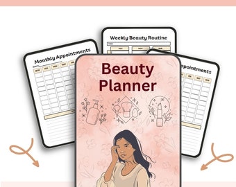 May include: A pink and white watercolor background with a line drawing of a woman with long dark hair. The text "Beauty Planner" is in a brown font. There are also line drawings of beauty products, including a bottle of lotion, a makeup brush, a makeup sponge, and a lipstick.