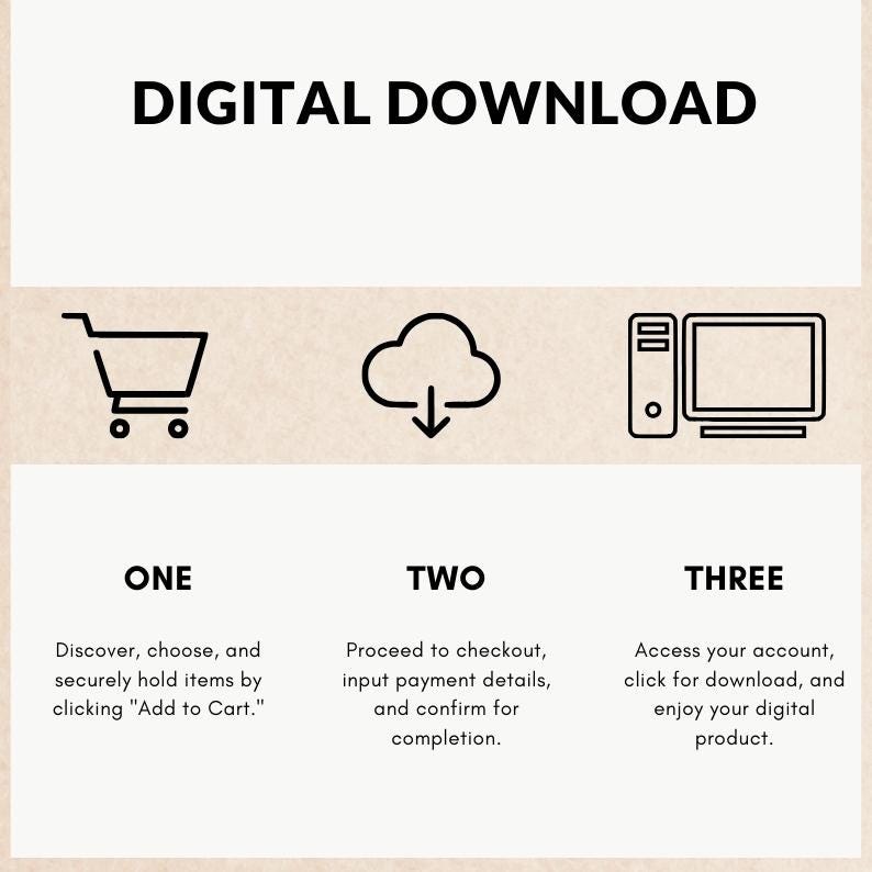 May include: A digital download infographic with three steps: 1. Add to cart, 2. Proceed to checkout, 3. Access your account and download.