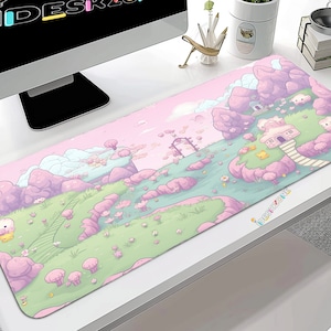 Anime Mauspad, Pink kawaii Süß Cartoon Natur Grün Pastell Schlachtfeld Karte Schreibtischmatte, Ästhetische Große Spielmatte, Home Office Arbeitsplatz Geschenk