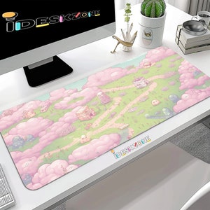 Pink Kawaii Desk Mat, Anime Cute Cartoon Nature Green Pastel Battlefield Map Mouse Pad, Aesthetic Large Playmat, Home Office Workspace Gift