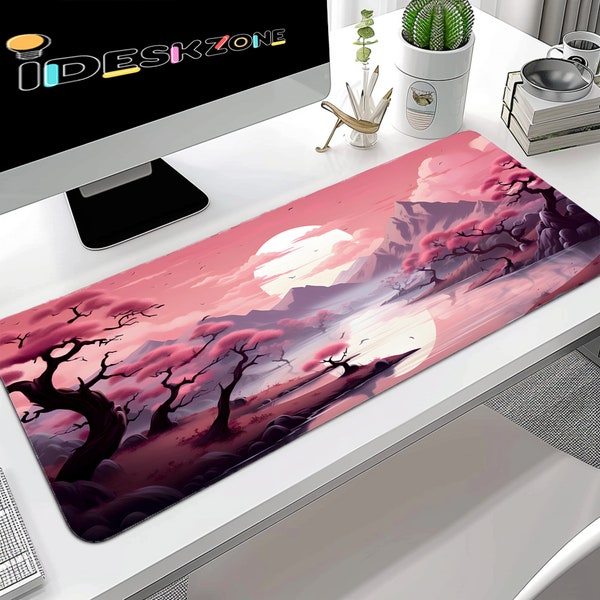 Pink Japanese Desk Mat ,cherryblossom sakura charm Mouse Pad, Aesthetic Asian Japandi Art Large Deskmat, Japan Home Office Workspace Gift