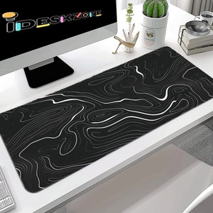 Minimalist Topographic Desk Mat with Aesthetic Geology Abstract Black & White of Crisp Contour Lines Map Geography Outlander Gifts for Him
