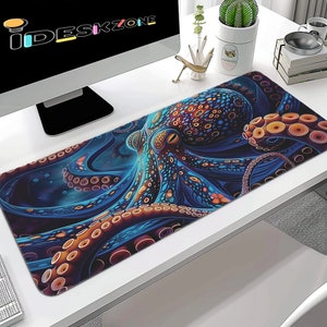 Ornate Octopus Desk Mat in Blue & Orange with Tentacles in Ocean ,Aesthetic Kraken Large Deskmat, Squid Gift for Her home Office Workspace