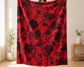 Gothic Rose Blanket, Red and Black Floral Velveteen Plush Throw, Dark Romantic Goth Decor, Moody Botanical Gift for Her