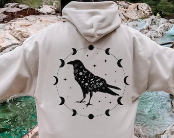 Celestial Raven Moon Phase Hoodie, Witchy Dark Academia Pullover