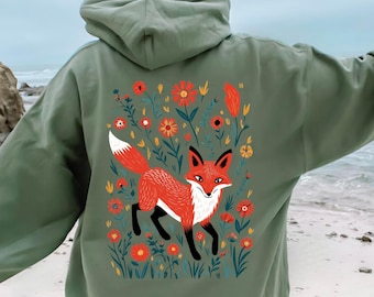 Cottagecore Fox Floral Hoodie, Woodland Nature Animal Sweatshirt, Whimsical Forest Apparel