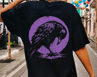 Gothic Raven Back Print Shirt, Moon Raven Graphic Tee for Witchcore and Corvid Lovers