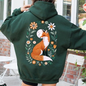 Woodland Fox Floral Moon Hoodie, Cottagecore Nature Lover Graphic Sweatshirt