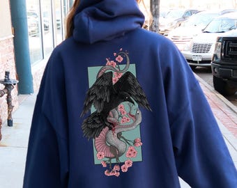 Gothic Raven Snake Hoodie, Japanese Tattoo Style Floral Sweatshirt, Witchcore Apparel
