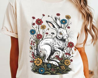 White Rabbit Floral T-Shirt, Cottagecore Woodland Bunny Tee, Nature Lover Gift