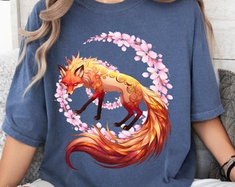 Mystical Kitsune T-Shirt with Sakura Art, Japanese Fox Spirit Graphic Tee