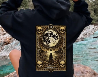 The Moon Tarot Hoodie, Gothic Celestial Witch Graphic, Dark Academia Occult Art