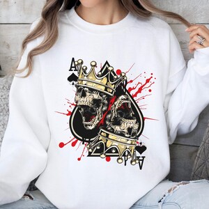 Sudadera con calavera, sudadera con as de picas, sudadera con corona de calavera, suéter gótico de esqueleto, sudadera de fantasía oscura, ropa punk rock
