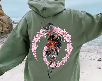 Japanese Hannya Mask Hoodie, Snake Tattoo Art Pullover with Cherry Blossom Design, Japanese Streetwear Gift