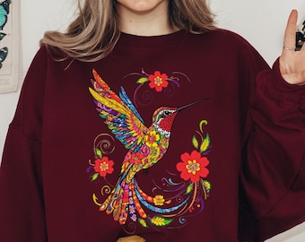 Sweatshirt mit Kolibri-Motiv – Pullover mit floralem Mandala-Vogelmuster, Boho-Geschenk für Naturliebhaber, künstlerischer Wildblumenpullover für Damen