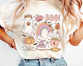 Pastel Halloween T-Shirt, Kawaii Ghost Witchy Icons, Retro Spooky Boo Graphic Tee
